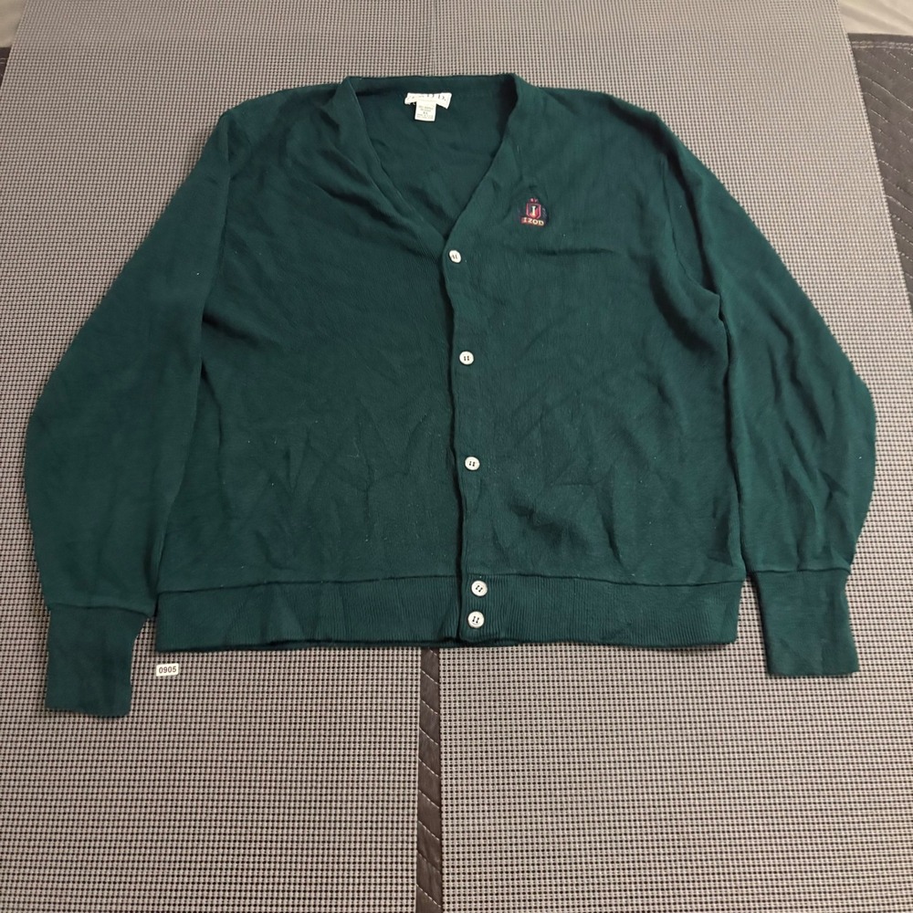 Vintage Izod Cardigan Sweater Mens XL Green Acrylic V-Neck Made in USA